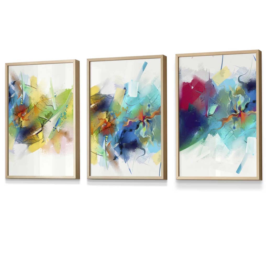 Set of 3 Abstract Multicolour Blue Pink Framed Wall Art Prints | Artze Wall Art UK