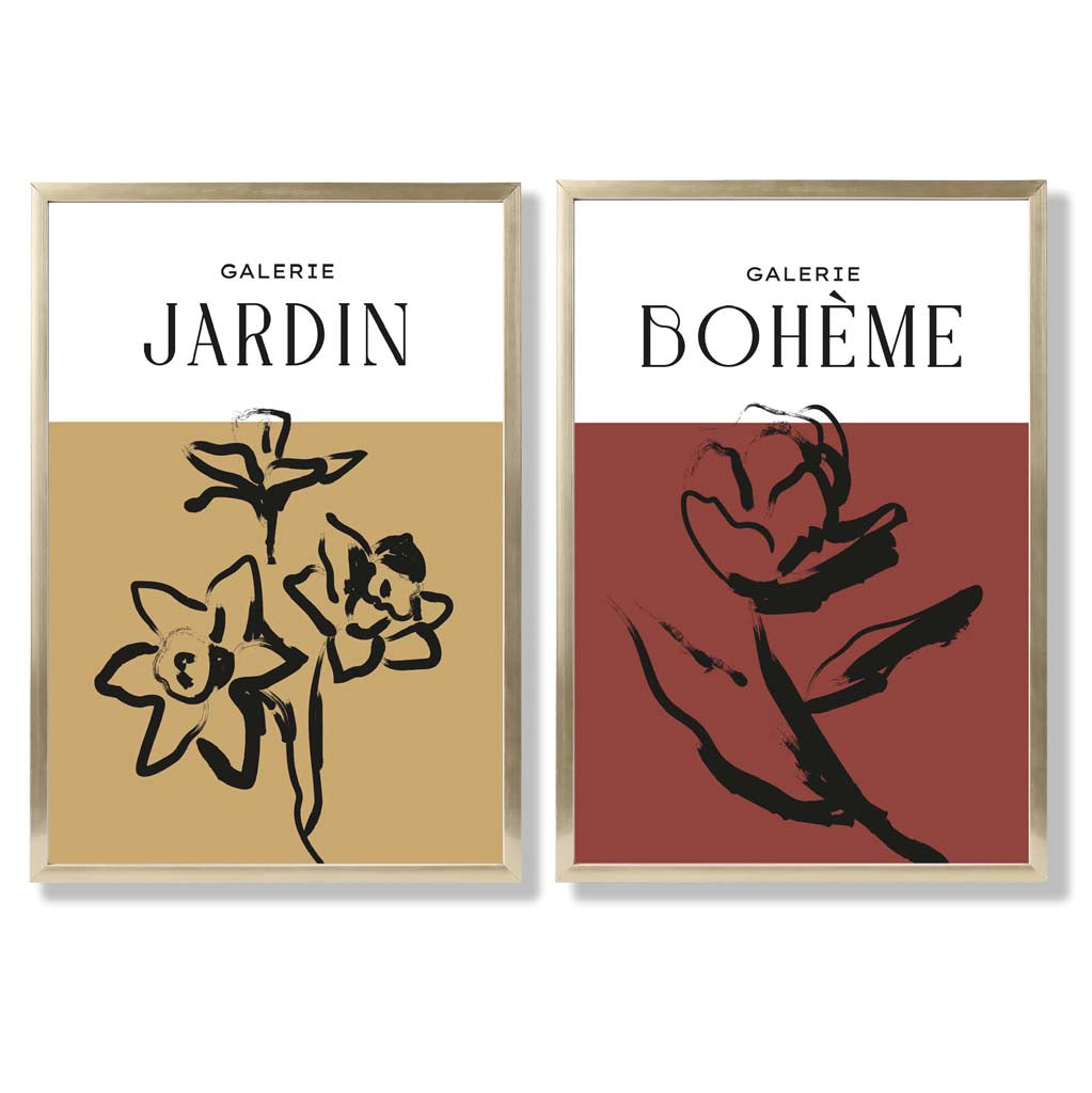 Yellow and Red Minimal Floral Sketch Set of 2 Art Prints with Gold Frame