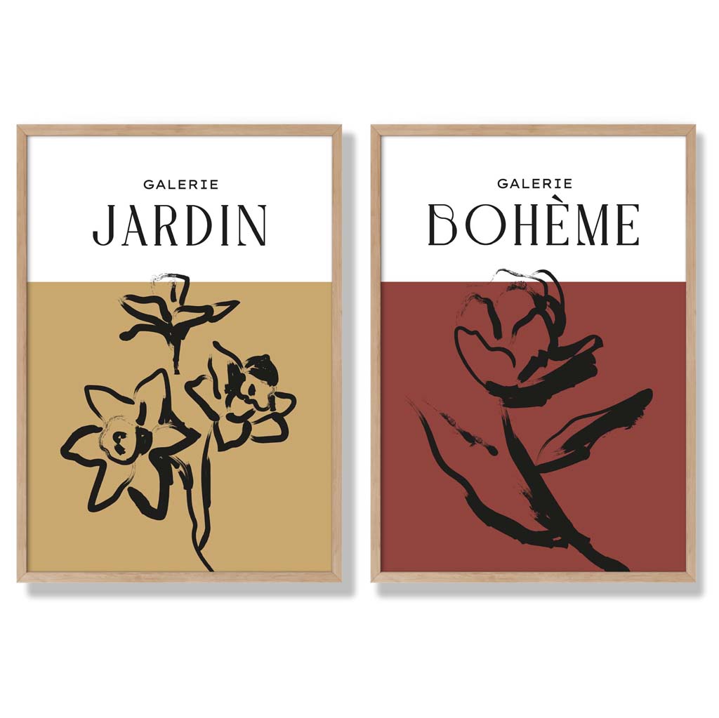 Yellow and Red Minimal Floral Sketch Set of 2 Art Prints with Oak Frame