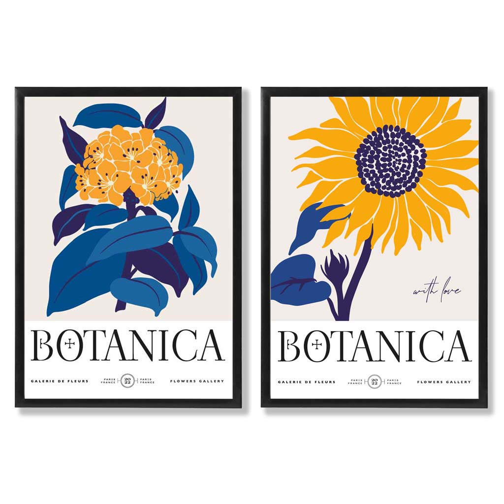 Blue and Yellow Sunflower Set of 2 Art Prints with Black Frame