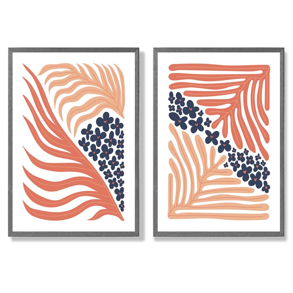 Blush Pink and Navy Boho Flower Set of 2 Art Prints with Dark Grey Frame