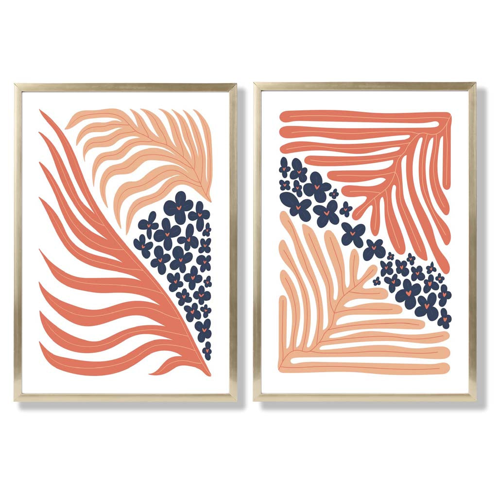 Blush Pink and Navy Boho Flower Set of 2 Art Prints with Gold Frame