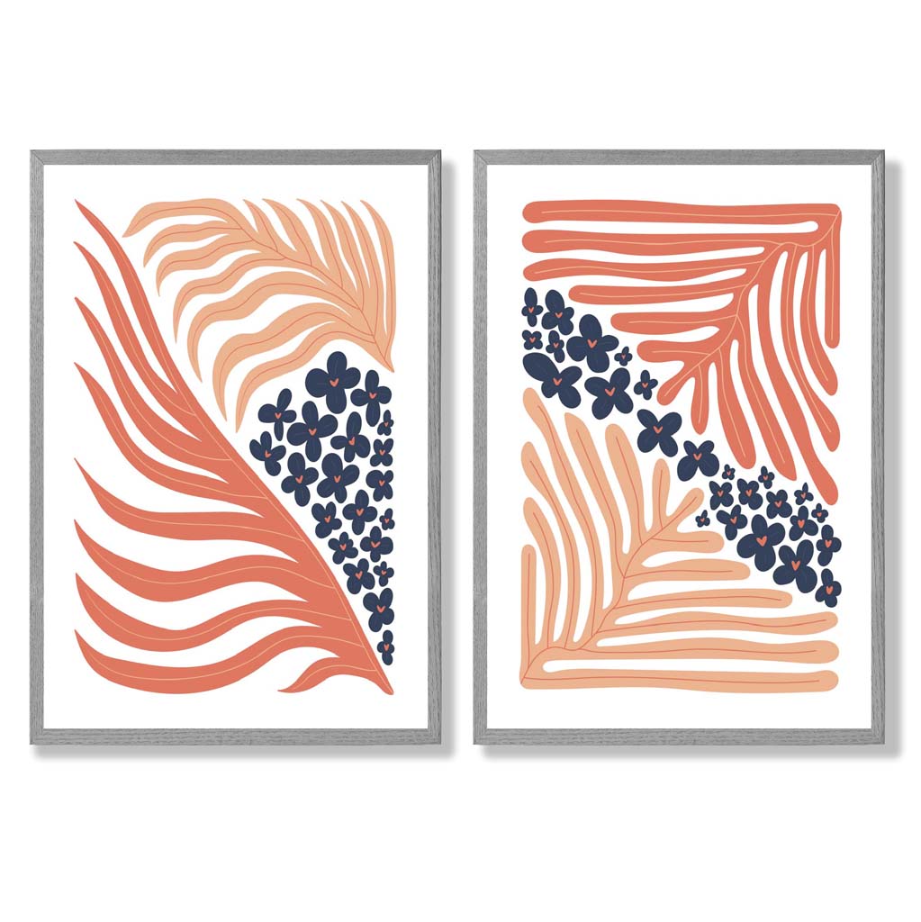 Blush Pink and Navy Boho Flower Set of 2 Art Prints with Light Grey Frame