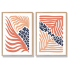 Blush Pink and Navy Boho Flower Set of 2 Art Prints with Oak Frame