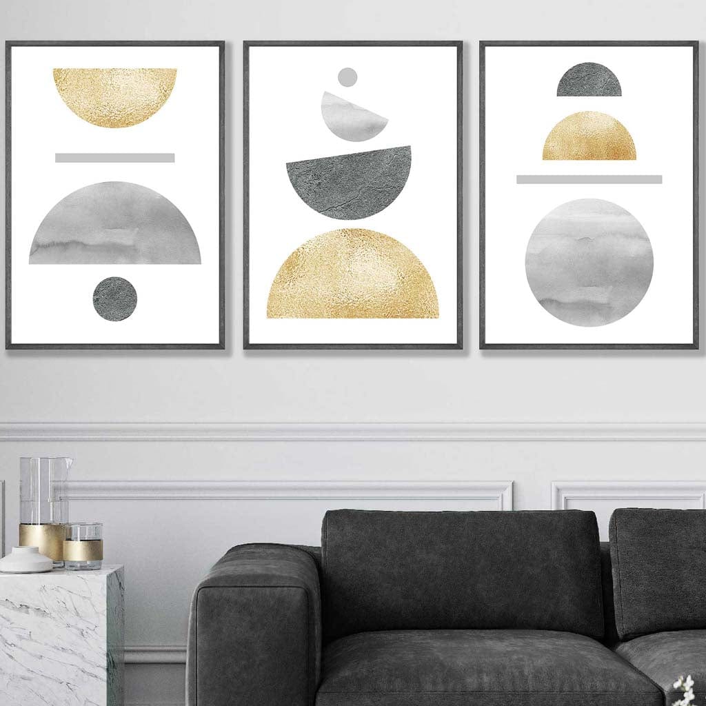 Greys and Gold Textured Geometric Wall Art Prints Set