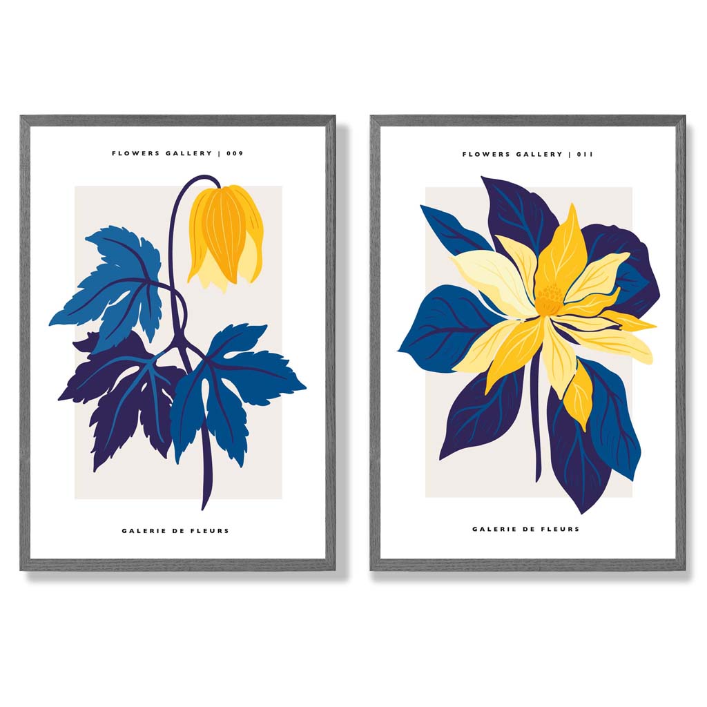 Yellow and Blue Spring Flower Market Set of 2 Art Prints with Dark Grey Frame