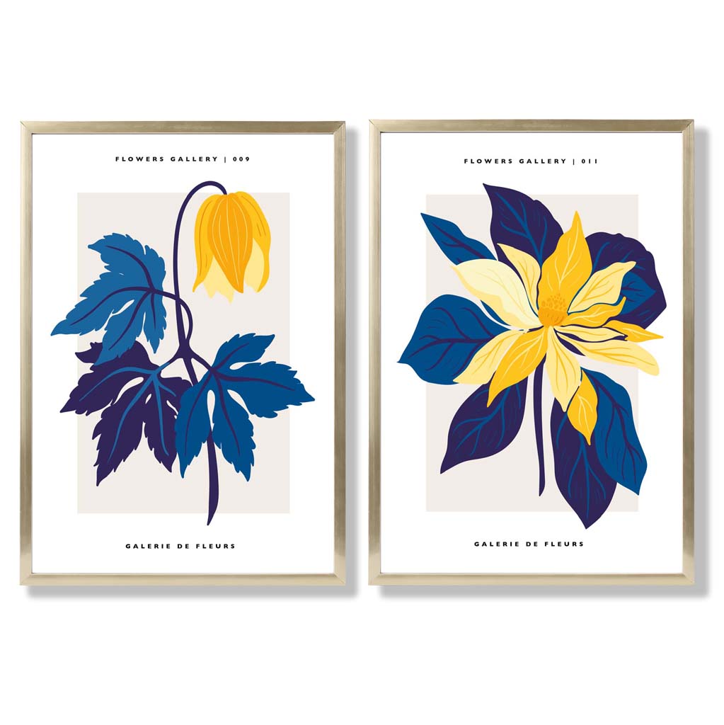 Yellow and Blue Spring Flower Market Set of 2 Art Prints with Gold Frame