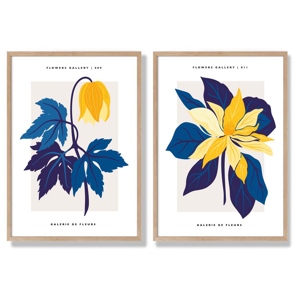 Yellow and Blue Spring Flower Market Set of 2 Art Prints with Oak Frame