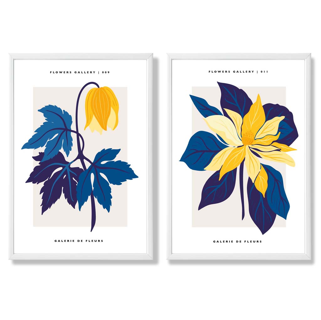 Yellow and Blue Spring Flower Market Set of 2 Art Prints with White Frame