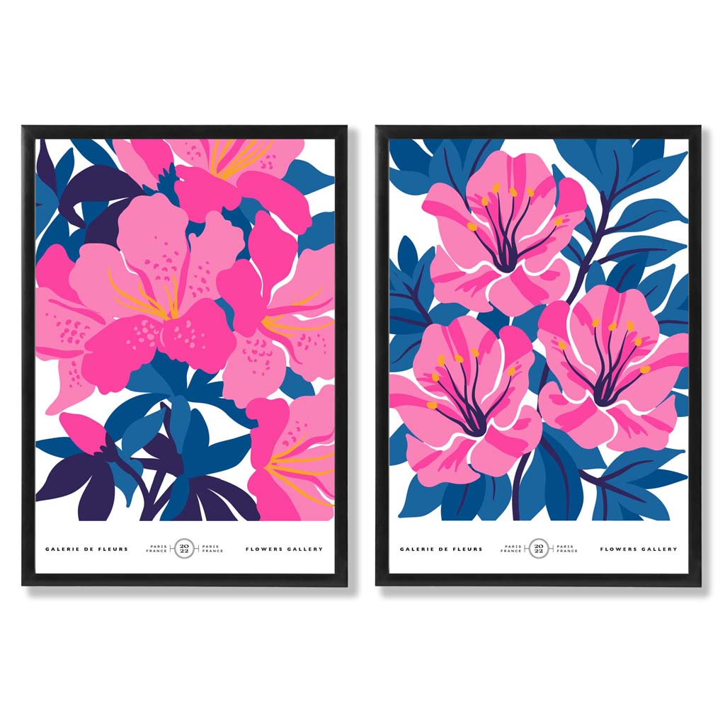 Bright Blue and Pink Spring Flower Market Set of 2 Art Prints with Black Frame