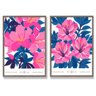 Bright Blue and Pink Spring Flower Market Set of 2 Art Prints with Walnut Frame