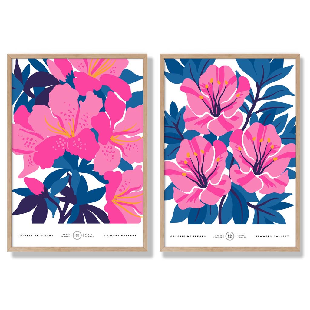 Bright Blue and Pink Spring Flower Market Set of 2 Art Prints with Oak Frame