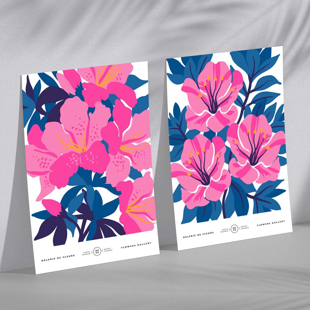 Bright Blue and Pink Spring Flower Market Set of 2 Art Prints