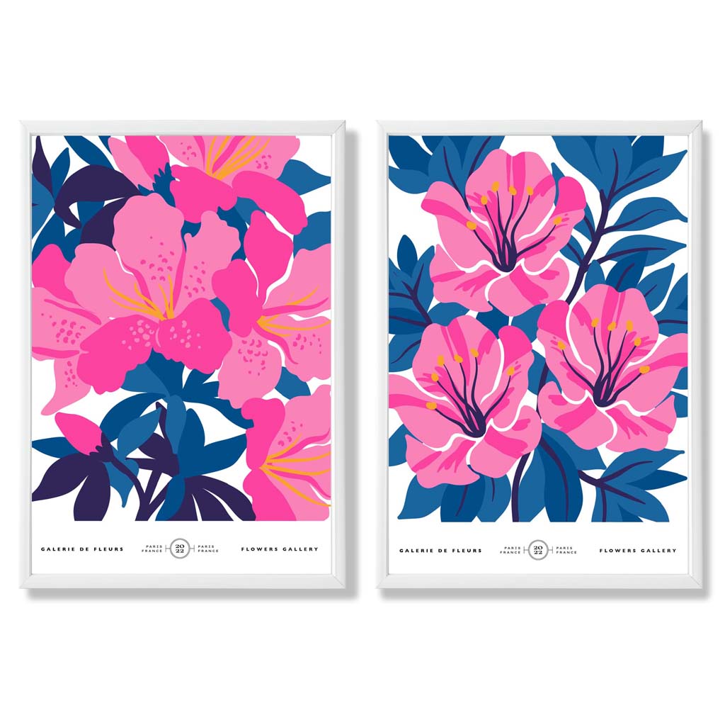 Bright Blue and Pink Spring Flower Market Set of 2 Art Prints with White Frame