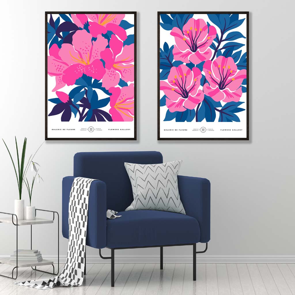 Set of 2 Bright Blue  and Pink Spring Flower Market Prints | Artze Wall Art UK