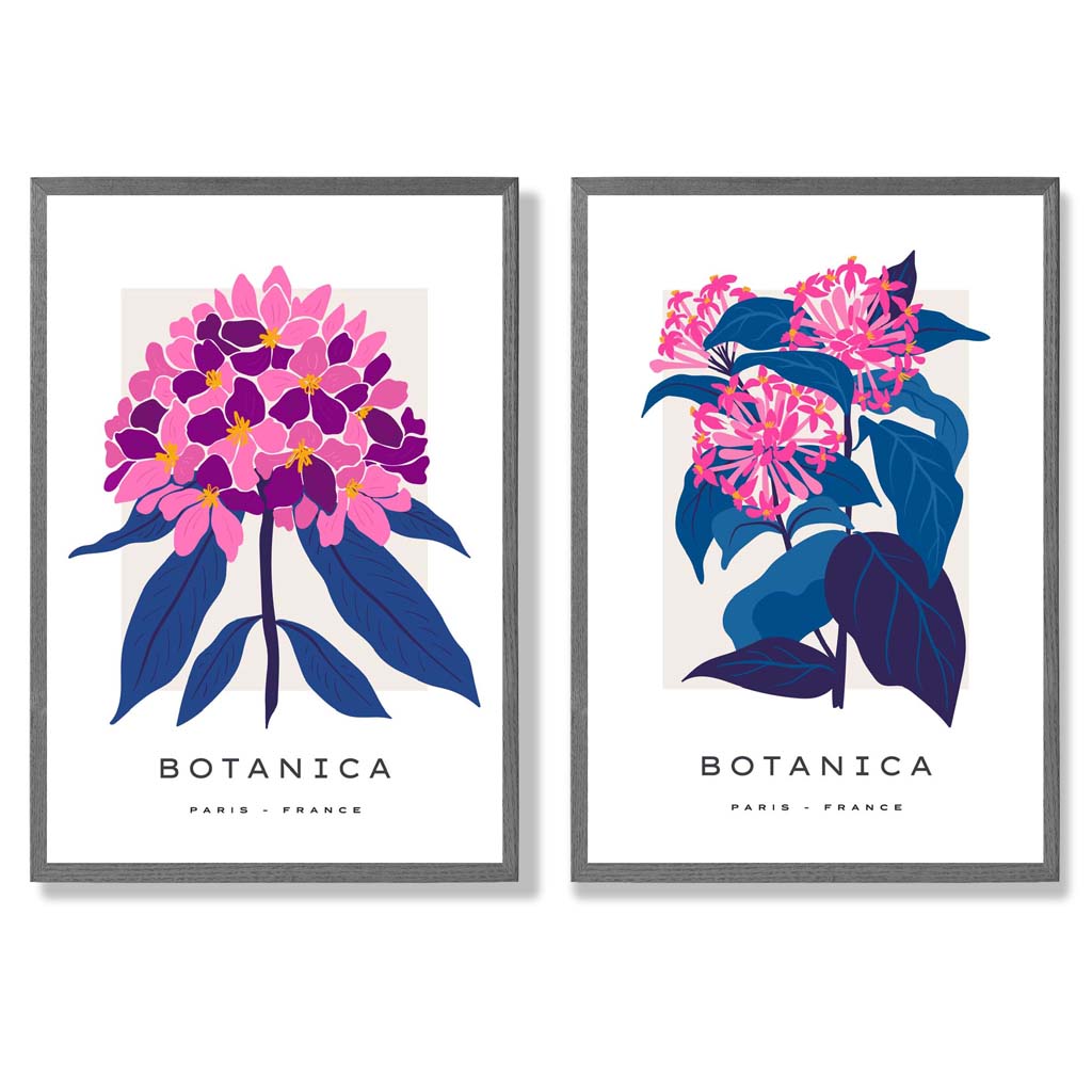Bright Pink and Blue Summer Flower Market Set of 2 Art Prints with Dark Grey Frame