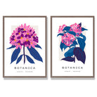 Bright Pink and Blue Summer Flower Market Set of 2 Art Prints with Walnut Frame