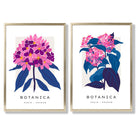 Bright Pink and Blue Summer Flower Market Set of 2 Art Prints with Gold Frame