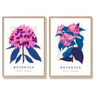 Bright Pink and Blue Summer Flower Market Set of 2 Art Prints with Oak Frame