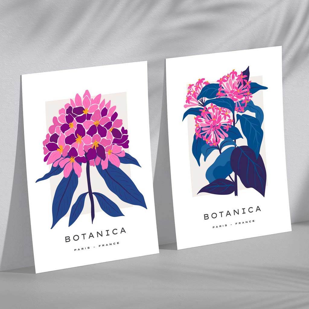 Bright Pink and Blue Summer Flower Market Set of 2 Art Prints