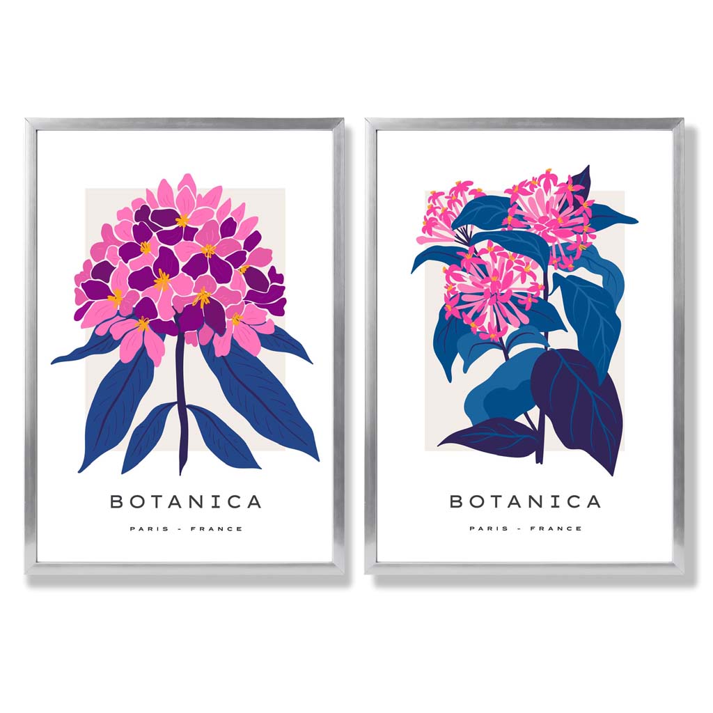 Bright Pink and Blue Summer Flower Market Set of 2 Art Prints with Silver Frame