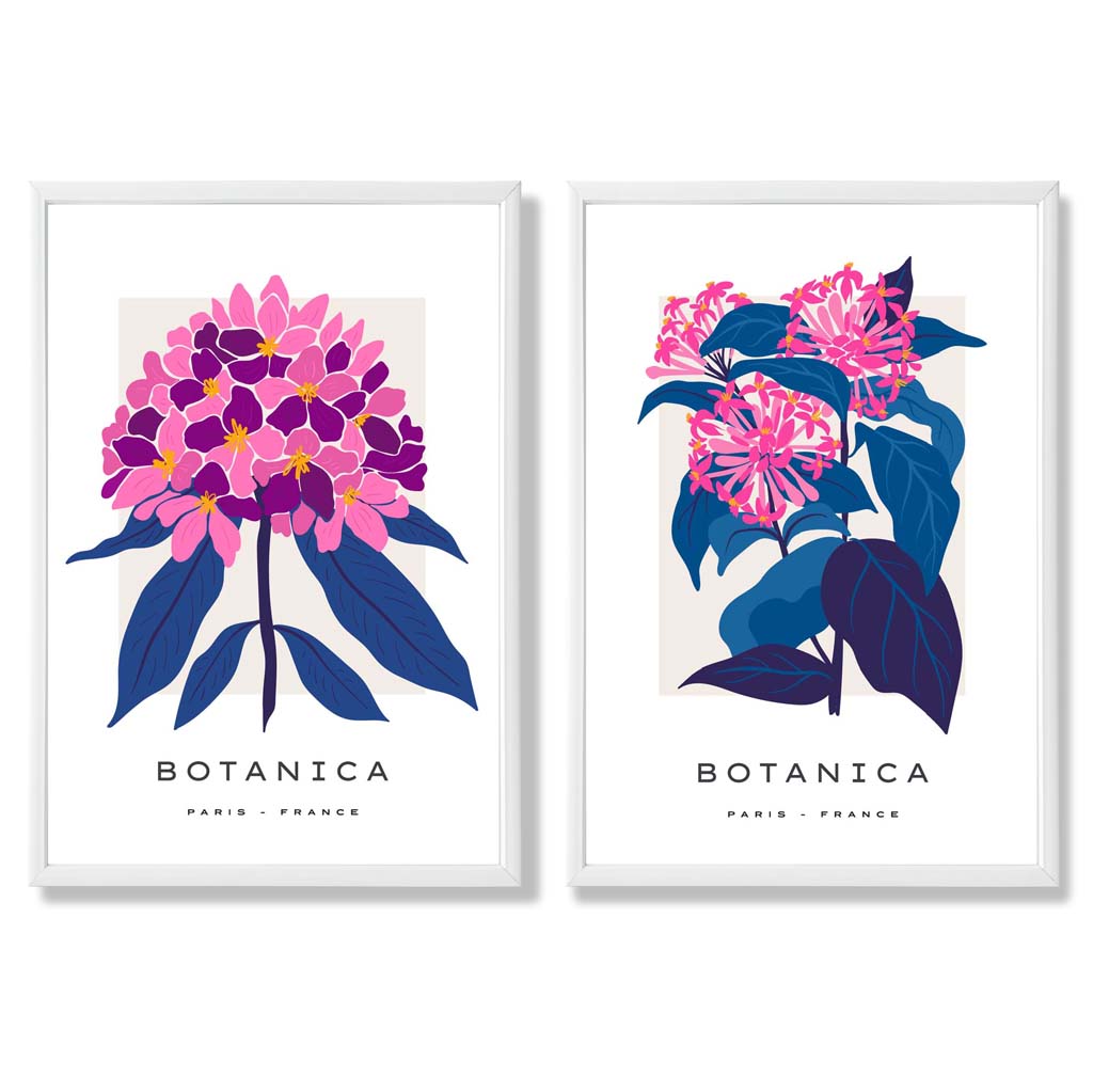 Bright Pink and Blue Summer Flower Market Set of 2 Art Prints with White Frame