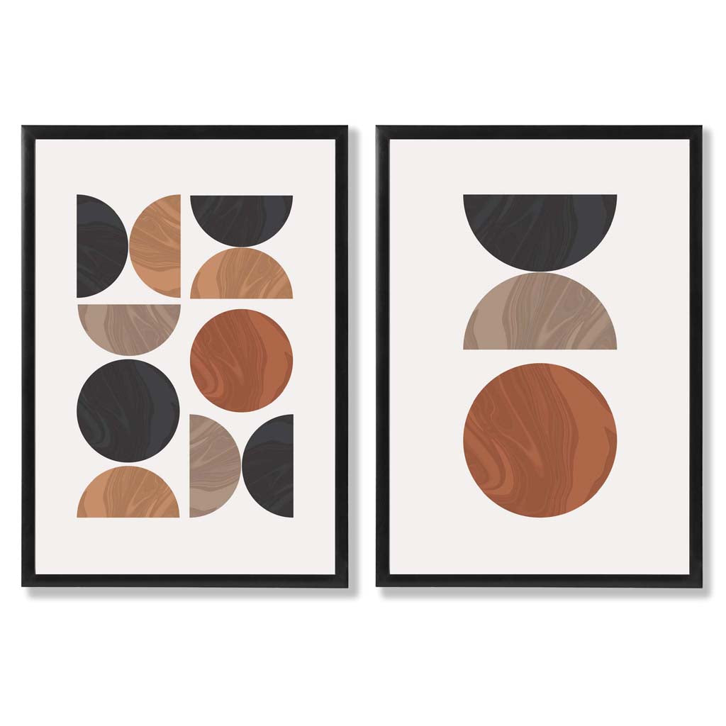 Black and Orange Mid Century Geometric Set of 2 Art Prints with Black Frame