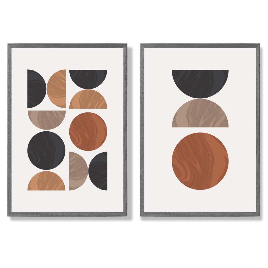 Black and Orange Mid Century Geometric Set of 2 Art Prints with Dark Grey Frame
