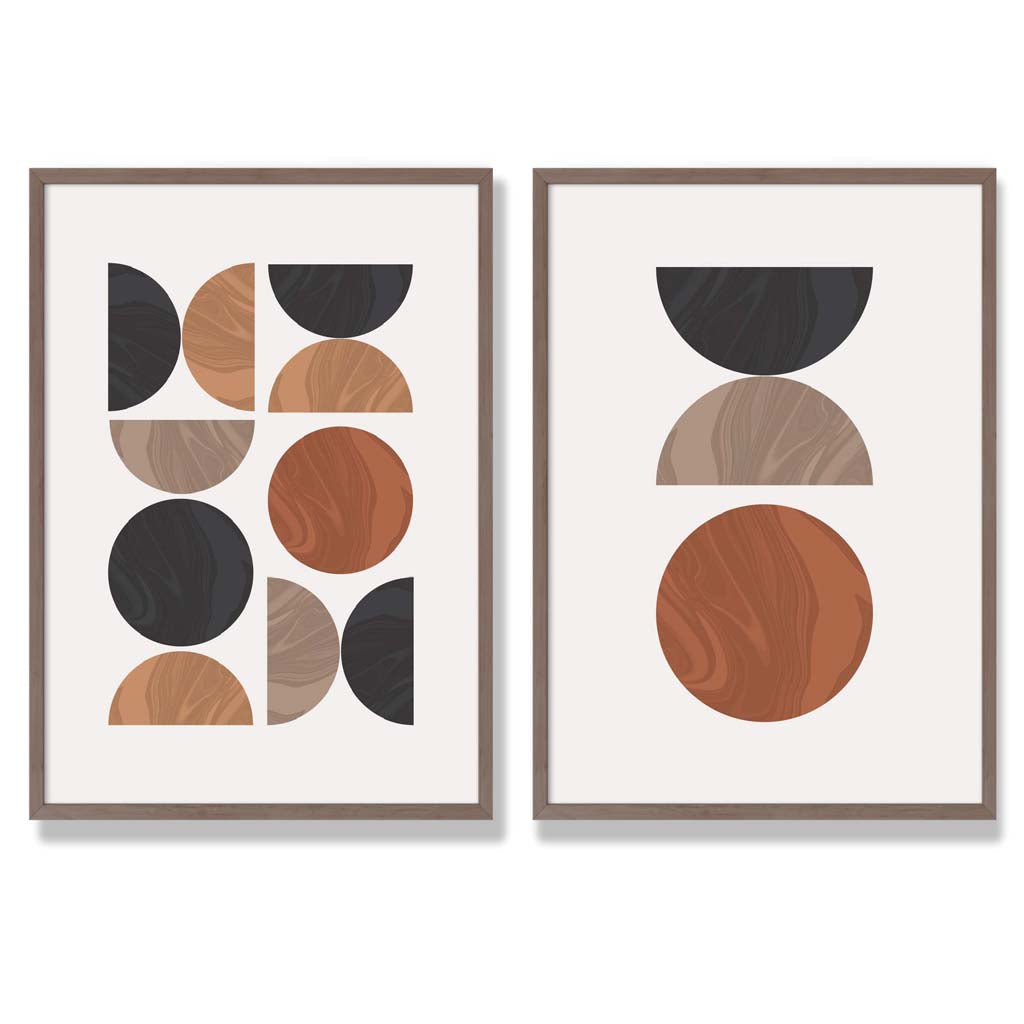 Black and Orange Mid Century Geometric Set of 2 Art Prints with Walnut Frame