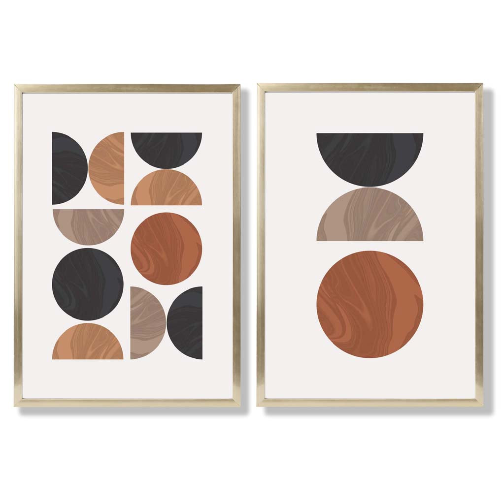 Black and Orange Mid Century Geometric Set of 2 Art Prints with Gold Frame
