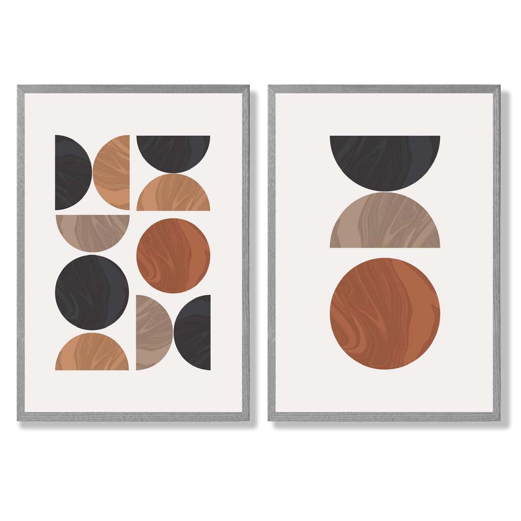 Black and Orange Mid Century Geometric Set of 2 Art Prints with Light Grey Frame