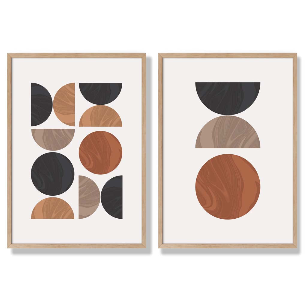 Black and Orange Mid Century Geometric Set of 2 Art Prints with Oak Frame