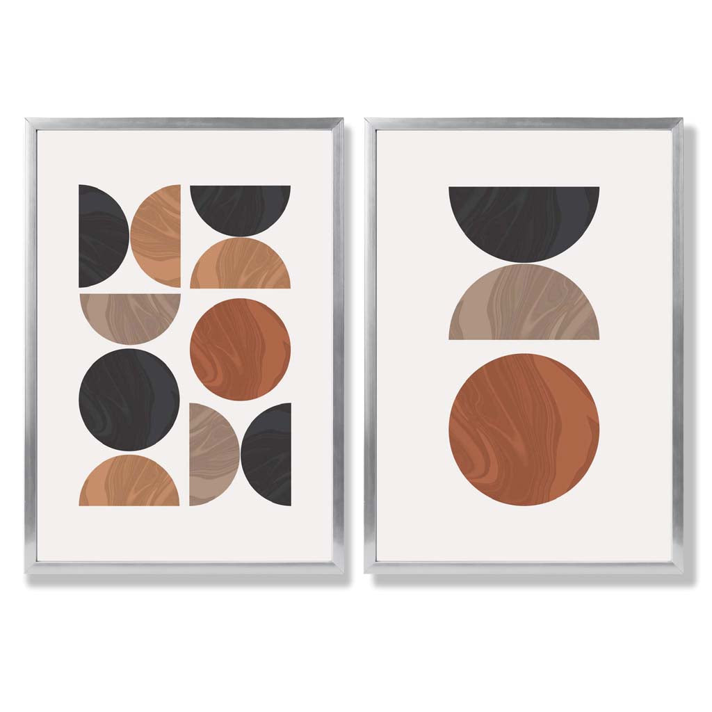 Black and Orange Mid Century Geometric Set of 2 Art Prints with Silver Frame