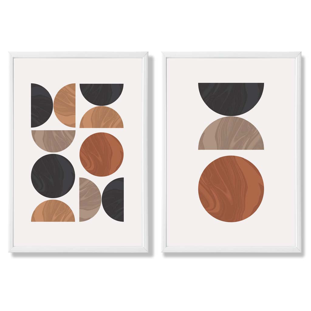 Black and Orange Mid Century Geometric Set of 2 Art Prints with White Frame