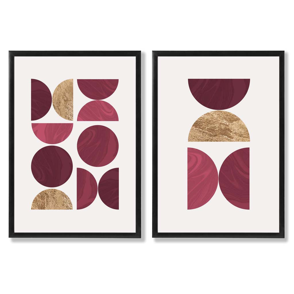 Pink and Purple Mid Century Geometric Set of 2 Art Prints with Black Frame