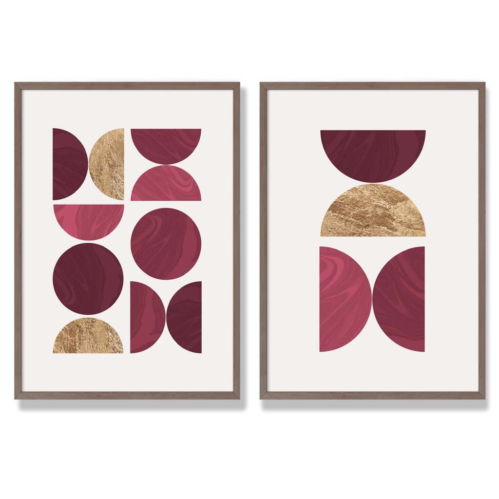 Pink and Purple Mid Century Geometric Set of 2 Art Prints with Walnut Frame