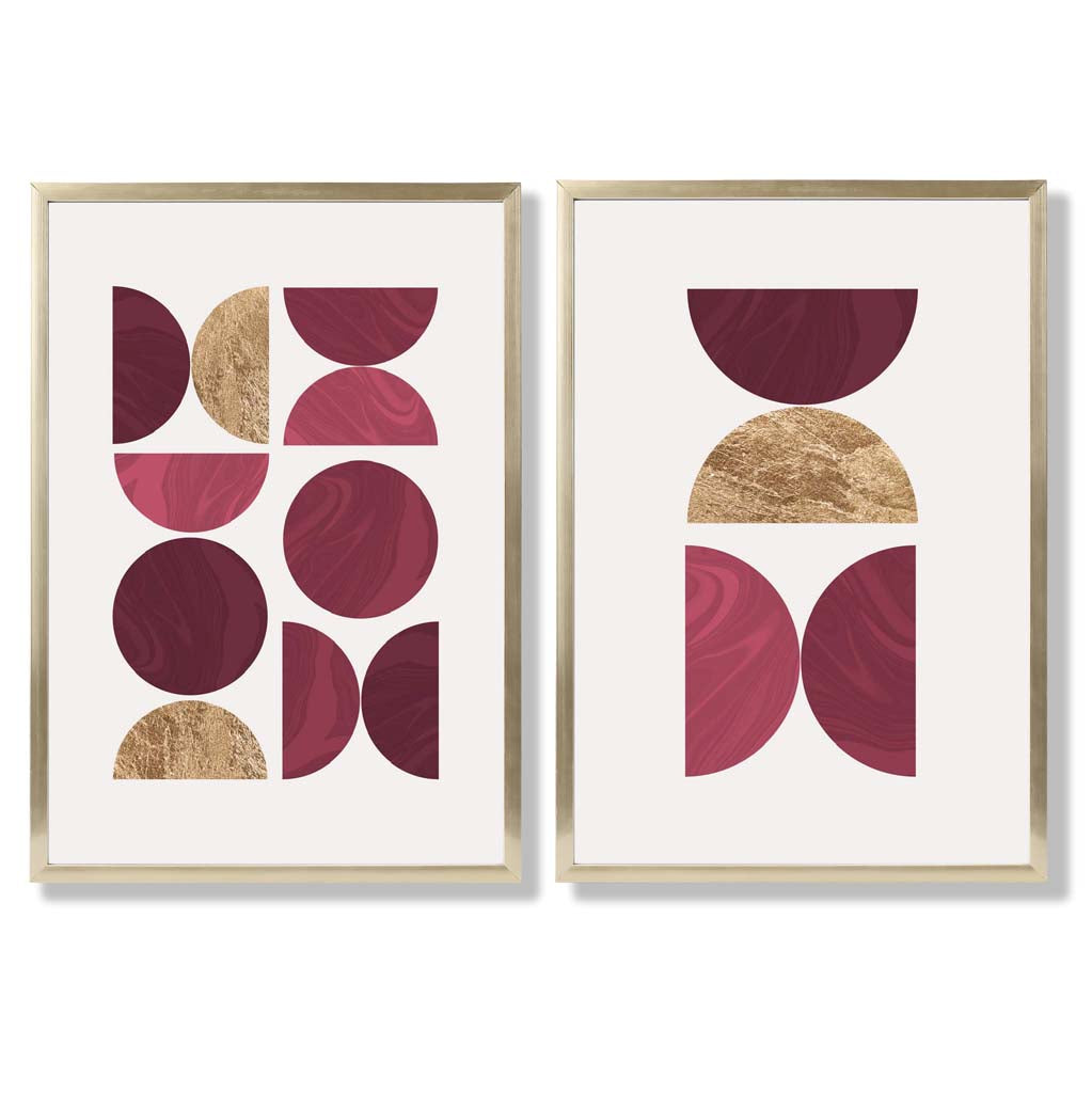 Pink and Purple Mid Century Geometric Set of 2 Art Prints with Gold Frame