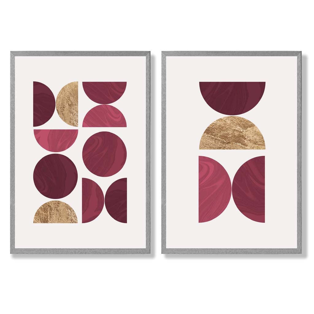 Pink and Purple Mid Century Geometric Set of 2 Art Prints with Light Grey Frame