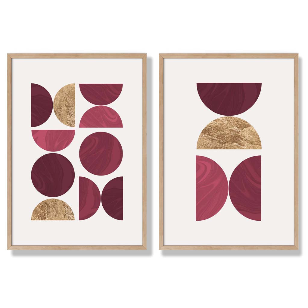 Pink and Purple Mid Century Geometric Set of 2 Art Prints with Oak Frame