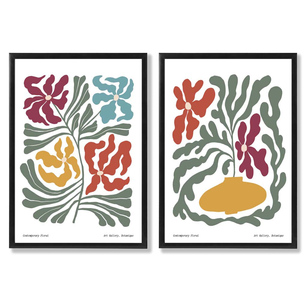 Floral Colourful Modern Set of 2 Art Prints with Black Frame