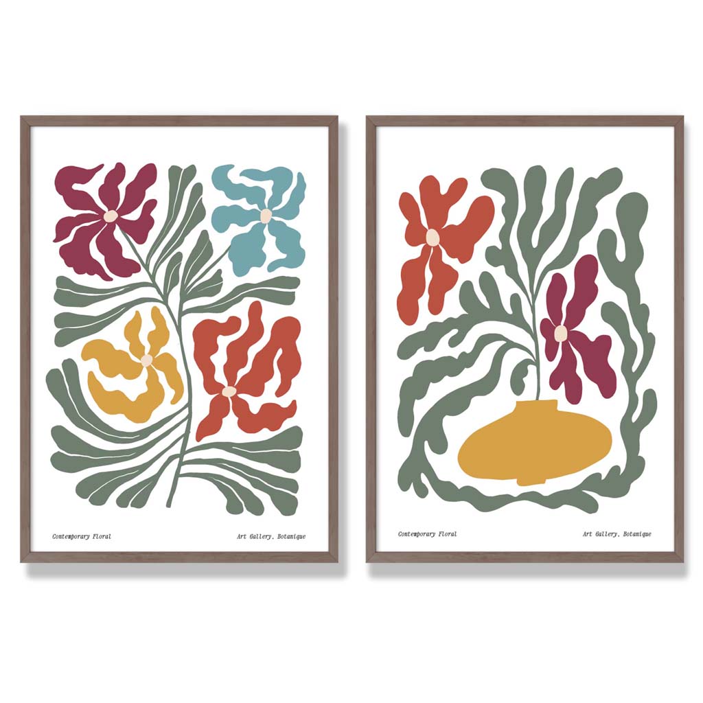 Floral Colourful Modern Set of 2 Art Prints with Walnut Frame