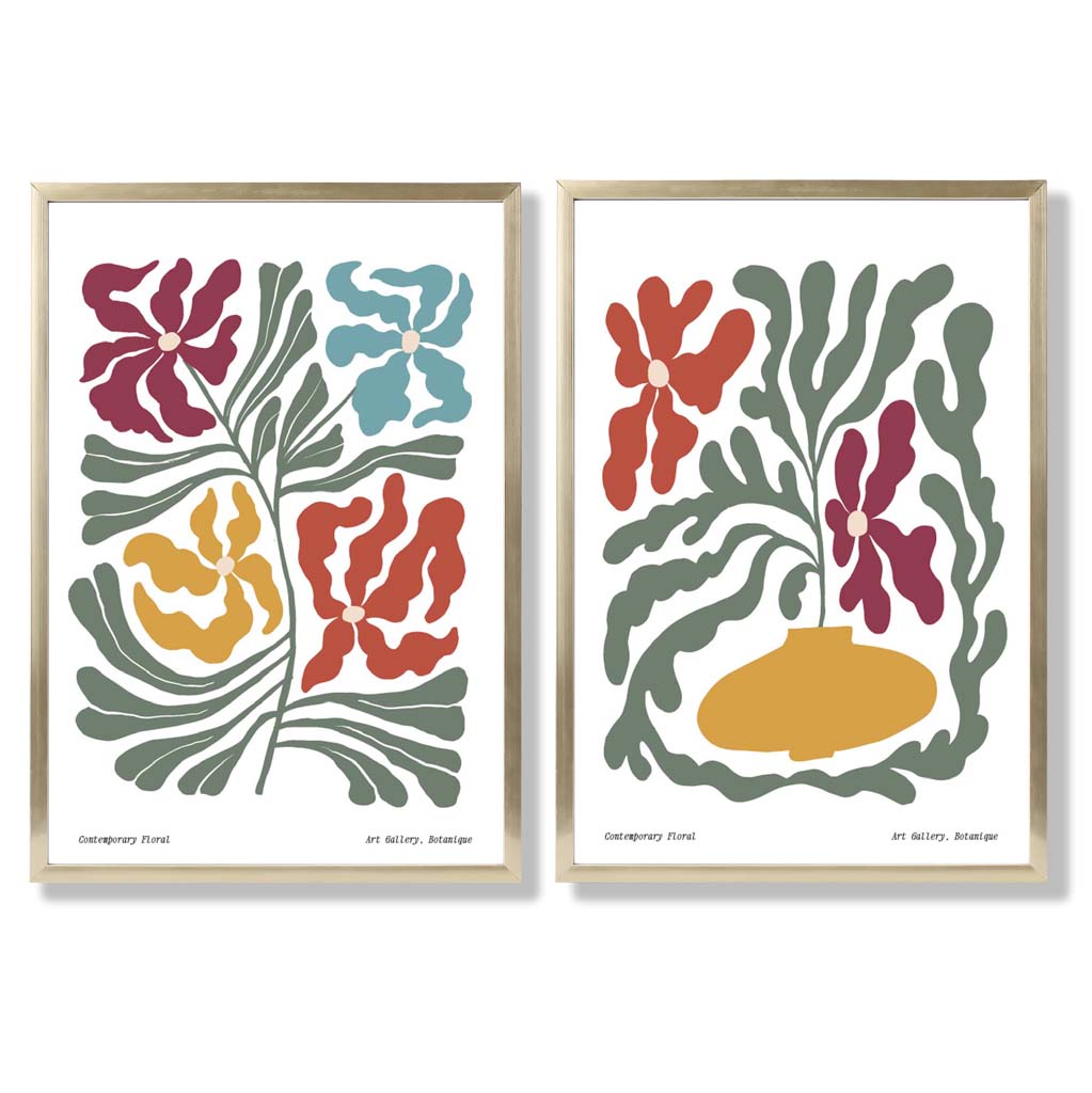 Floral Colourful Modern Set of 2 Art Prints with Gold Frame