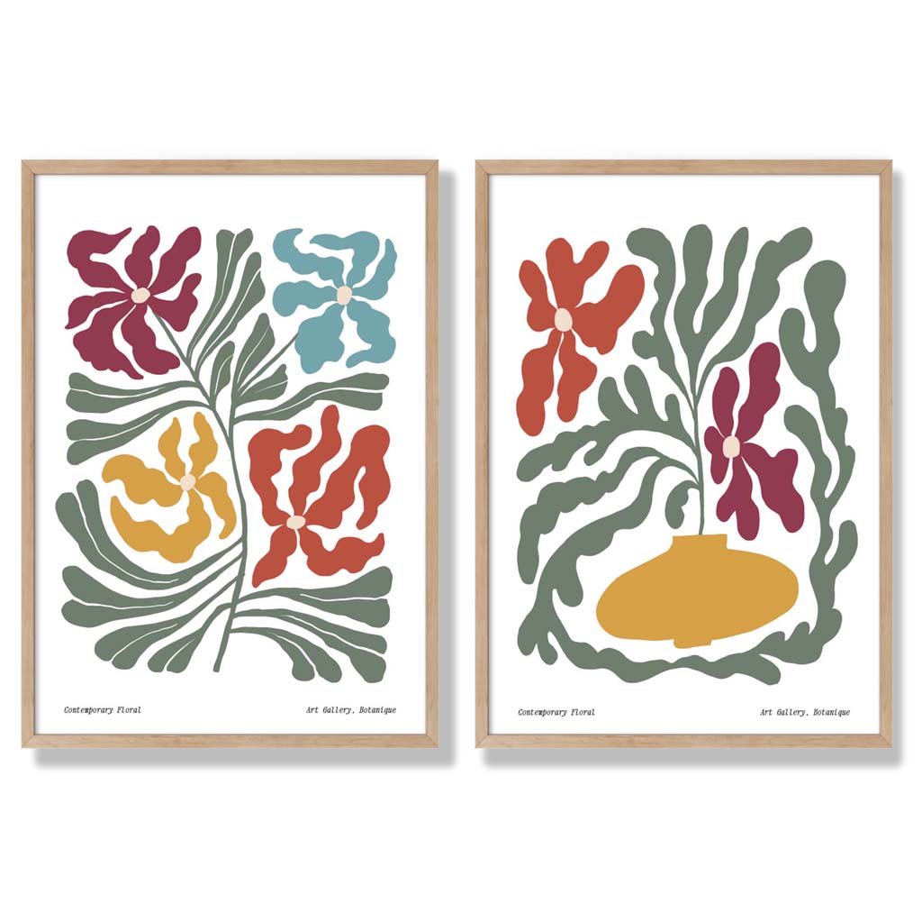 Floral Colourful Modern Set of 2 Art Prints with Oak Frame