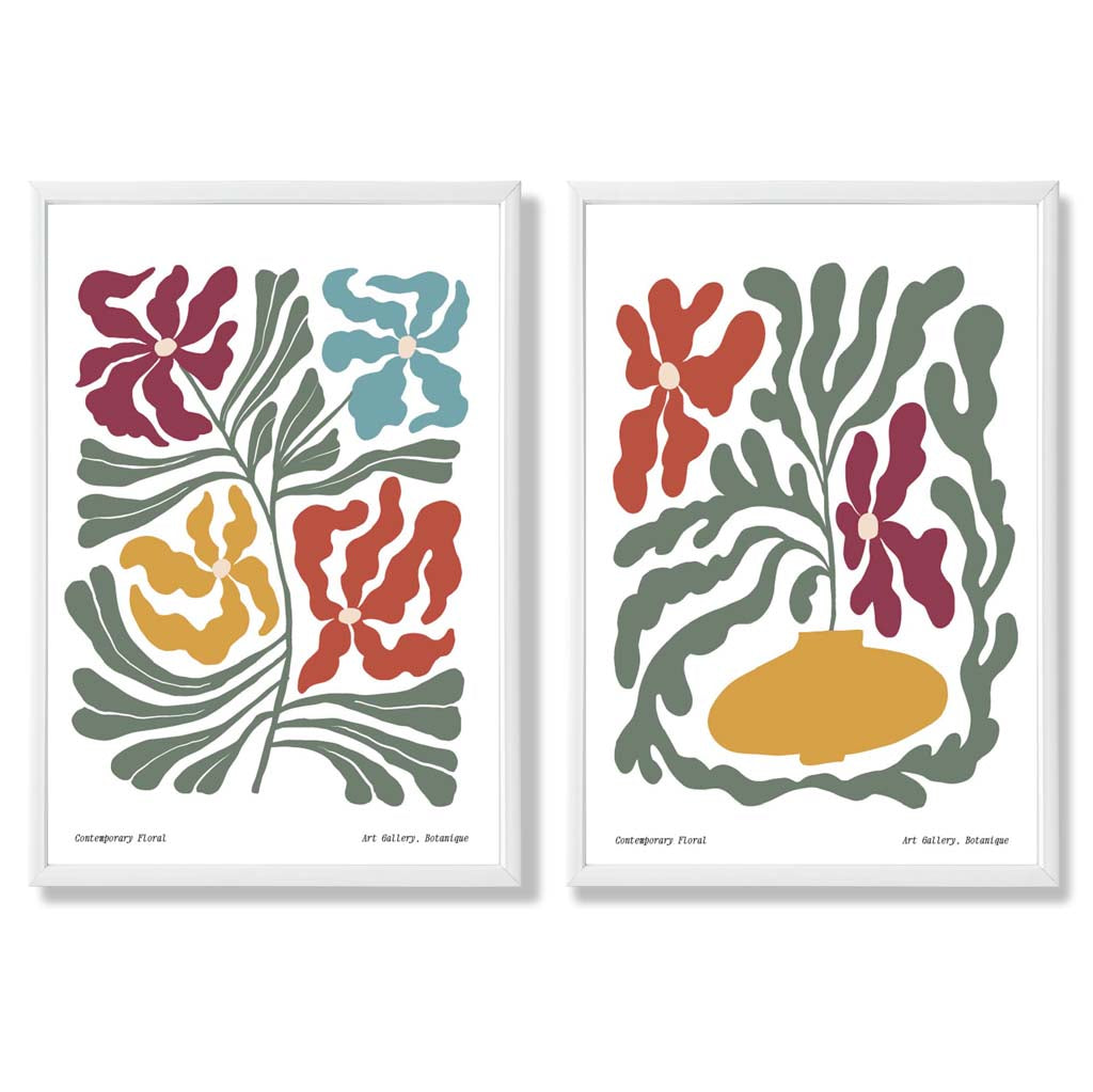 Floral Colourful Modern Set of 2 Art Prints with White Frame