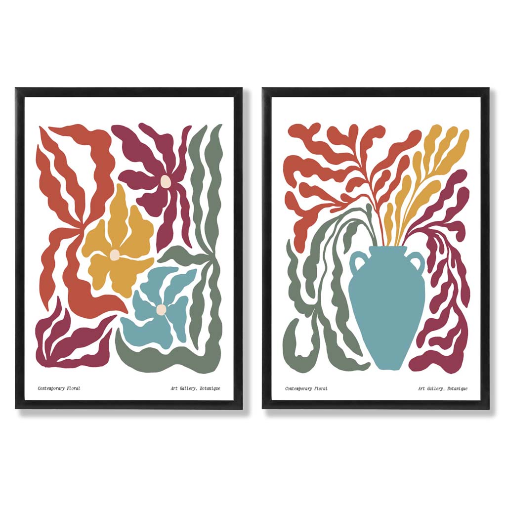 Colourful Boho Floral Set of 2 Art Prints with Black Frame