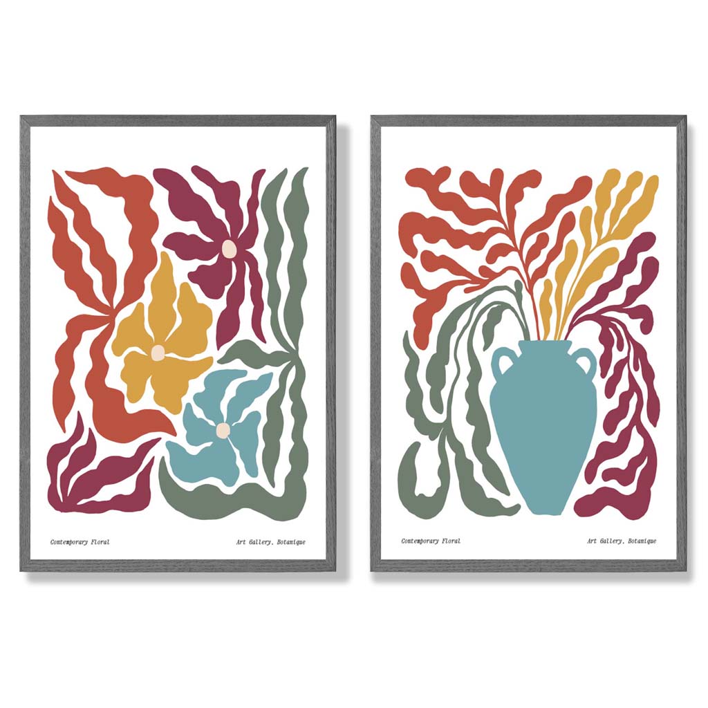 Colourful Boho Floral Set of 2 Art Prints with Dark Grey Frame
