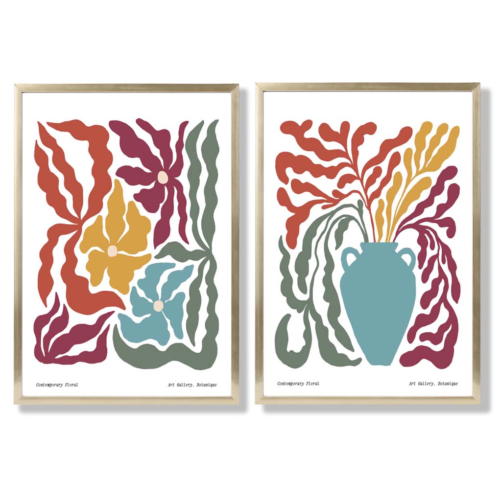 Colourful Boho Floral Set of 2 Art Prints with Gold Frame