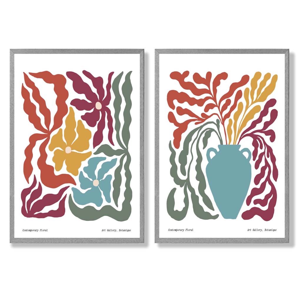 Colourful Boho Floral Set of 2 Art Prints with Light Grey Frame