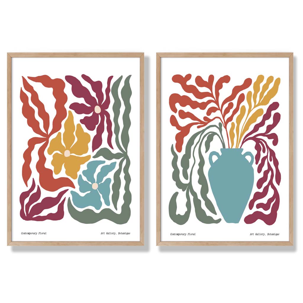 Colourful Boho Floral Set of 2 Art Prints with Oak Frame
