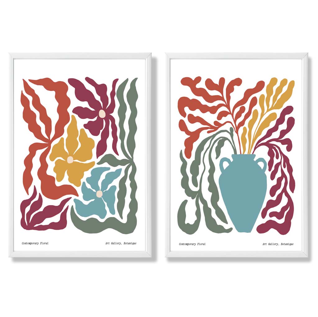 Colourful Boho Floral Set of 2 Art Prints with White Frame